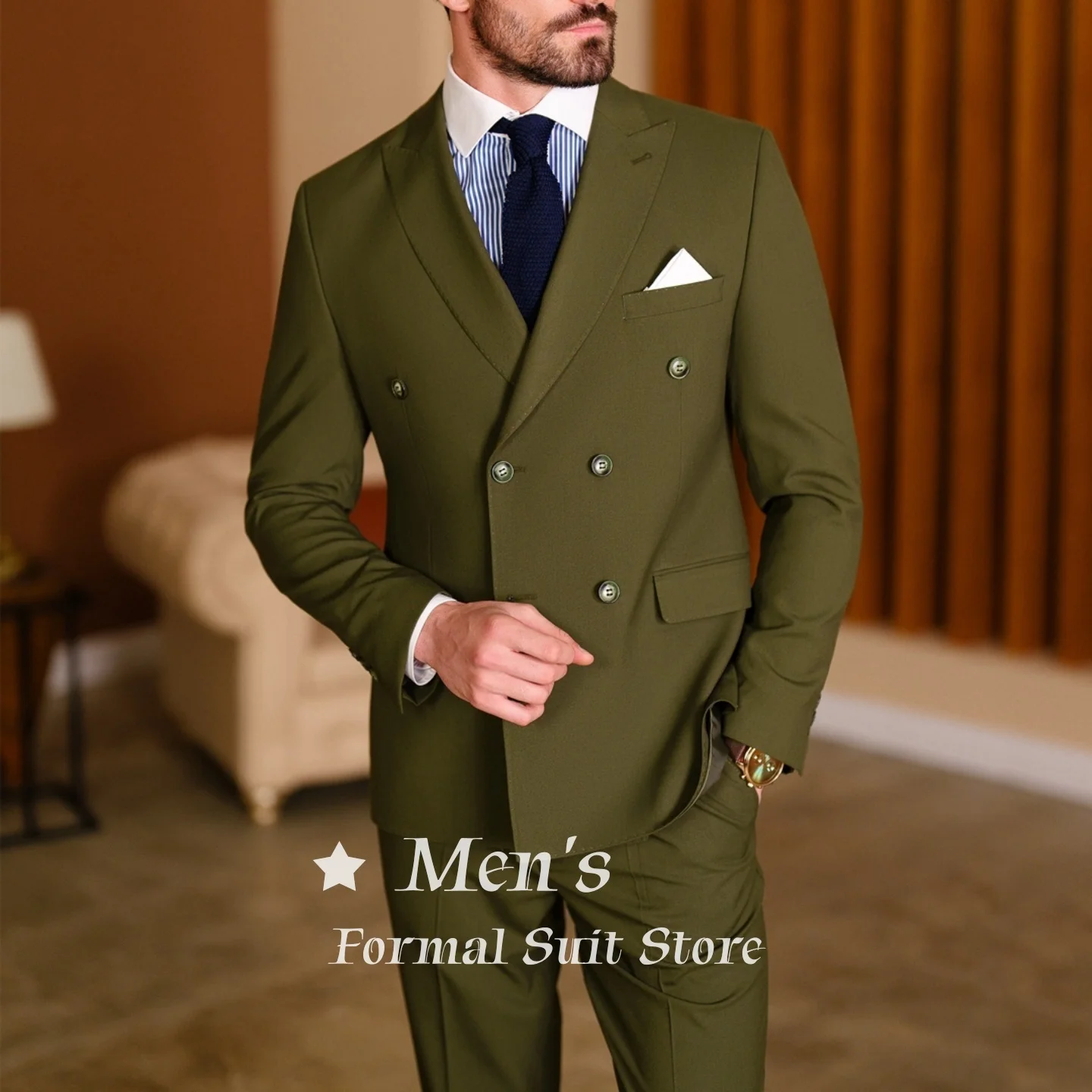 

Men's Olive Green Double Breasted 2 Piece Suit Peak Lapel Slim Fit Formal Business Blazer Wedding Groom Prom Tuxedo Customized