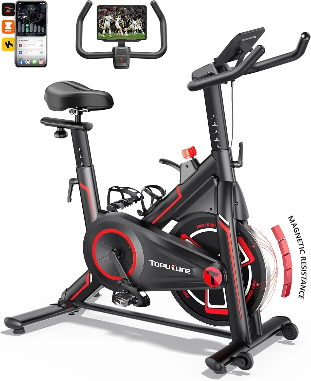 

Exercise Bike with Exclusive App, Magnetic Resistance/Brake Pad Indoor Cycling Bike Spin Bike, 330LBS Capacity Cardio Stationary