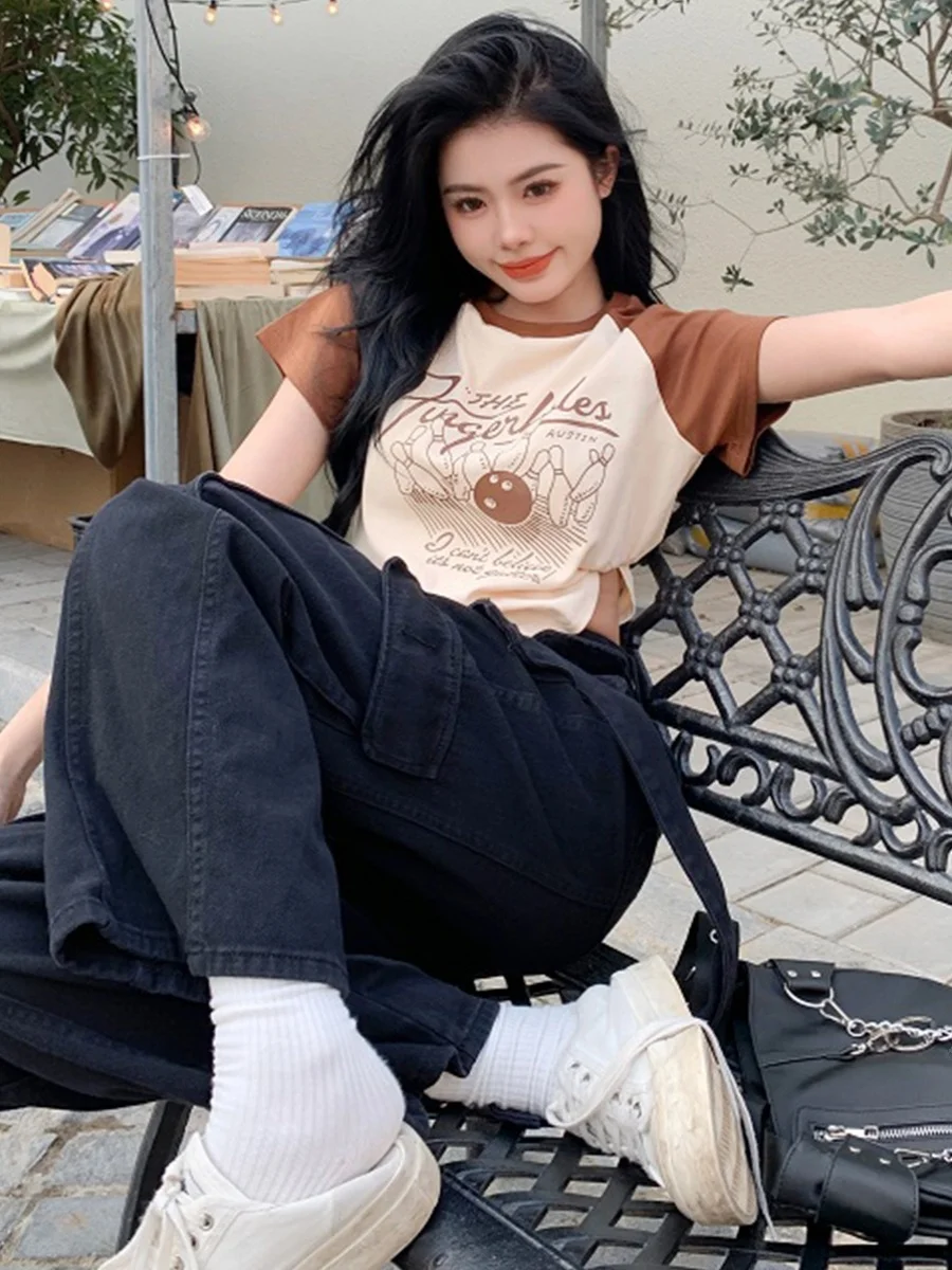 Retro American Print ort Sve T-Shirt Damen Sommer Neue Farbe Blo Reine Baumwolle rund Ne Slim Fit Sexy ort Top Trendy