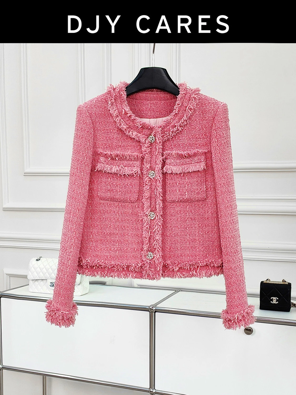 

New Sweet pink round neck tassel trimmed cotton jacket top big size