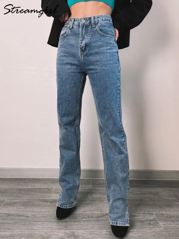 High Waist Straight Leg Jeans Women 2023 Gray Long Denim Pants Female Women\'s Jean Boyfriend Slim Side Split Jeans For Women