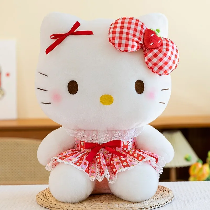산리오 카와이 딸기 체크무늬 스커트 헬로키티 봉제 인형 귀여운 베개 천 아기 어린이 생일 선물