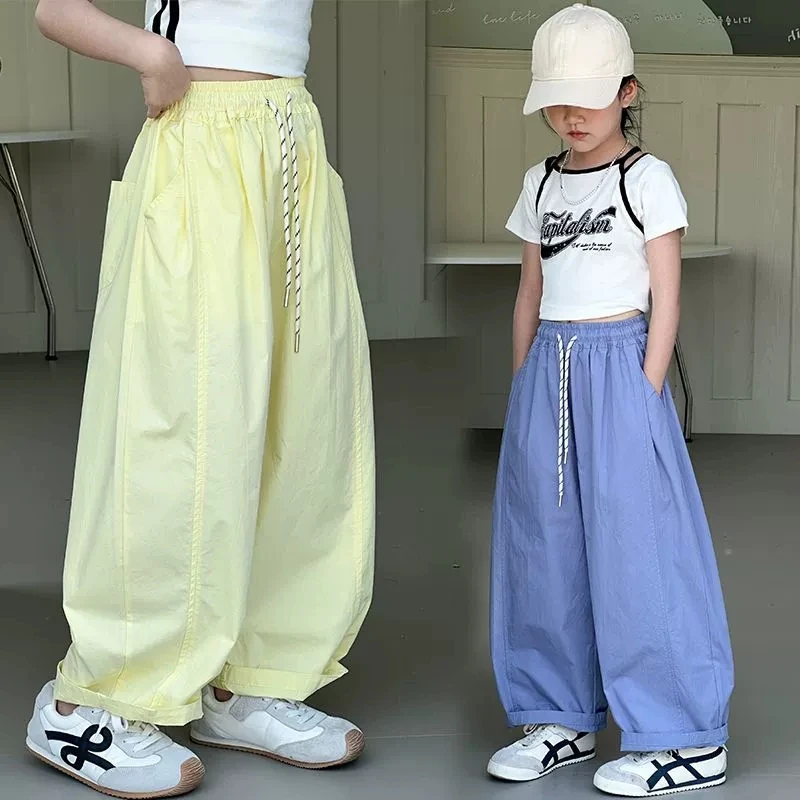 

Летние свободные стильные однотонные брюки-шаровары для девочек 5-12 лет, укороченные прямые повседневные длинные брюки для 12, 14, 13 лет