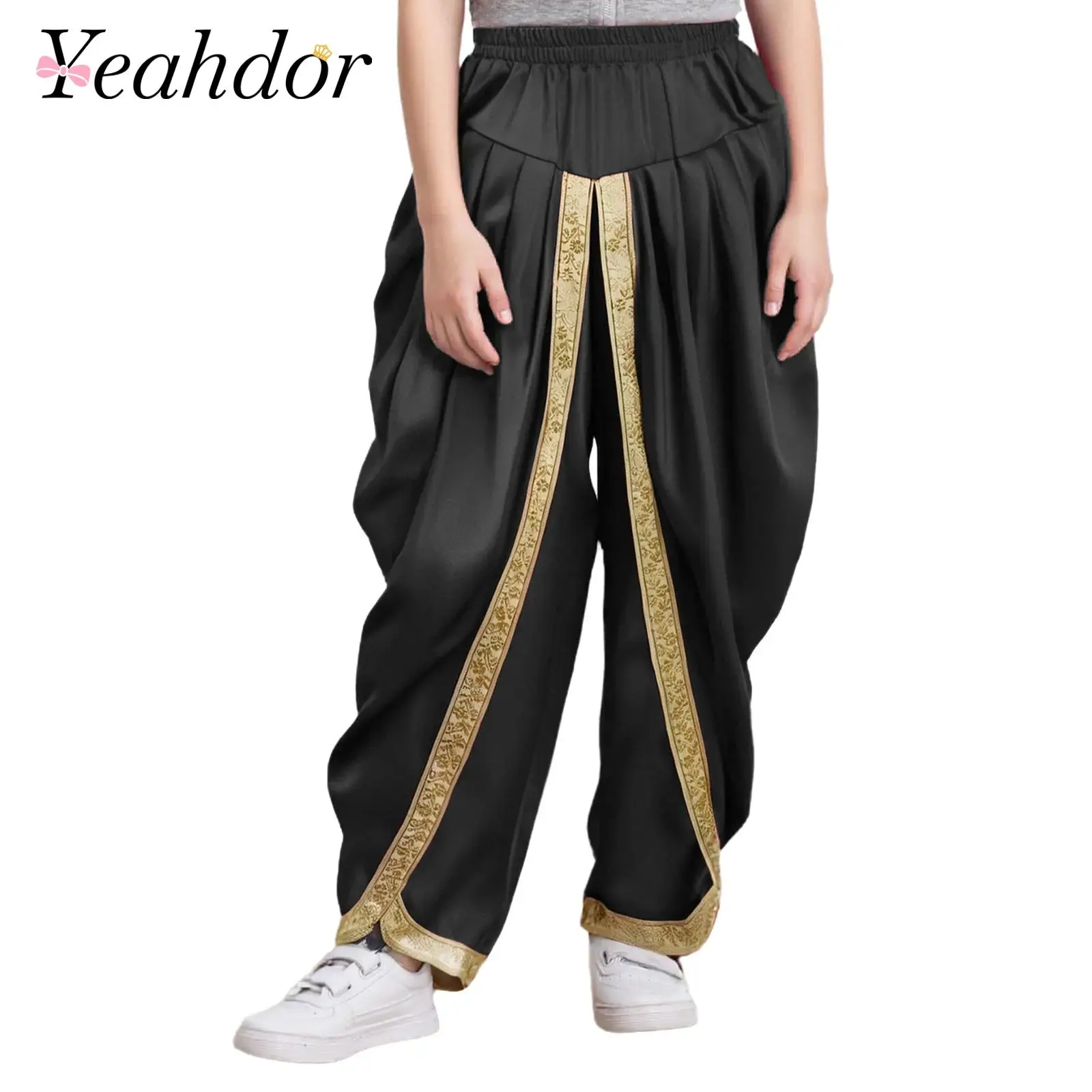 Kids Boys Girls Satin Dhoti Pants Arabian Indian Dance Costume Draped Baggy Trousers for Halloween Party Fancy Dress Ball Pants