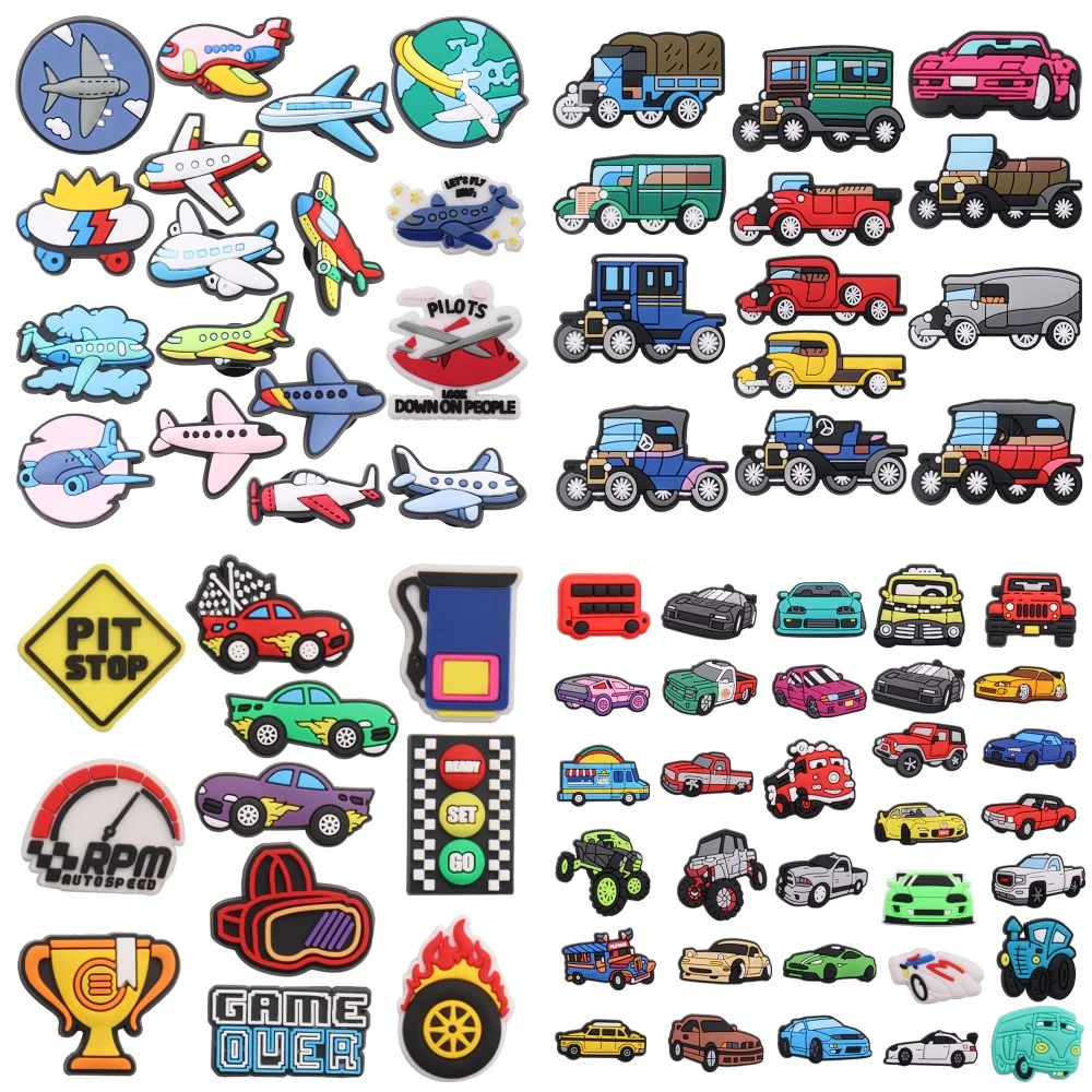 11-32Pcs Cartoon Vehicle Airplane Van Classic Car Bus Racing Trophy Wheel PVC Shoe Charms Sandals Shoes Accessories Kid Boy Gift