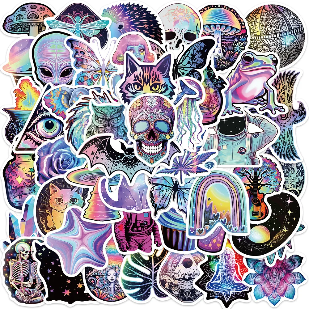 50pcs Cool Cartoon Laser Holographic Trippy Skull Stickers For Laptop Phone Guitar Luggage Diary Waterproof Graffiti Decals Toys