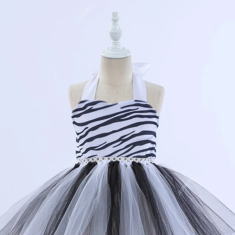 Kids Girls Halloween Dress Up Cosplay Animal Theme Party Zebra Handmade Mesh Tutu Dress With Matching Hair Hoop Tail