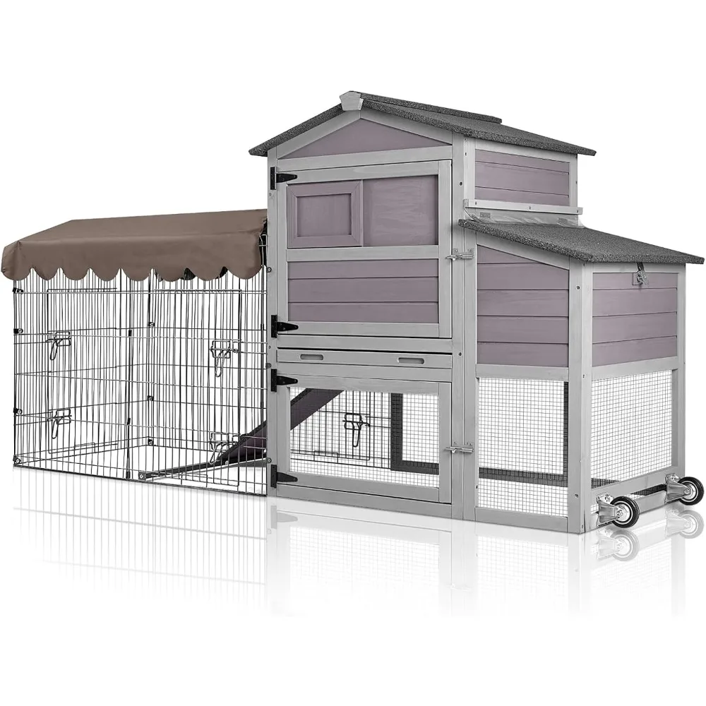 

Portable Chicken Coop - with Nesting Boxes, Waterproof Cover & Wheels, Includes Metal Run for Poultry
