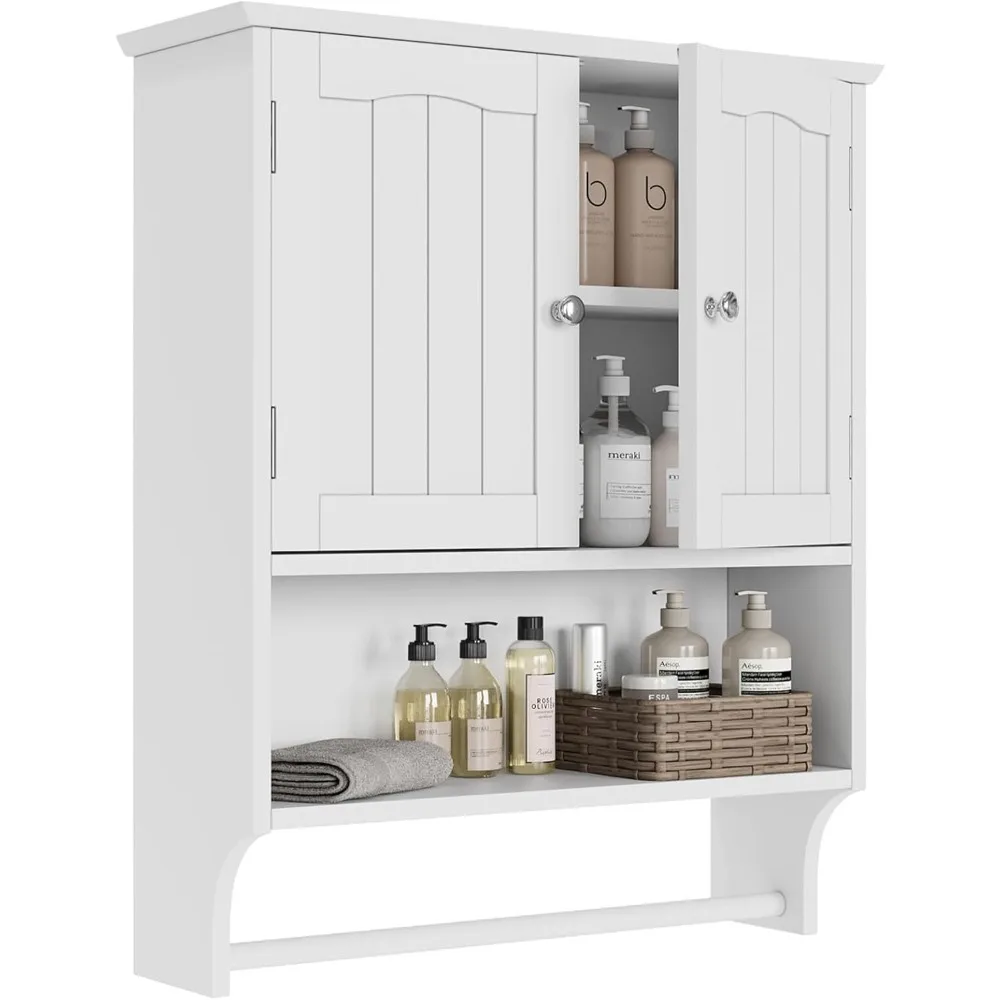 

White Bathroom Cabinet Wall Mounted with Towels Bar, Bathroom Medicine Cabinet with 2 Door Adjustable Shelves