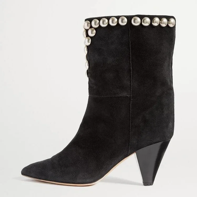 Elegant Black Suede Ankle Boots Women Pointed Toe Cone Heel Interior Zipper Metal Decoration Fashion High-Heel Booties