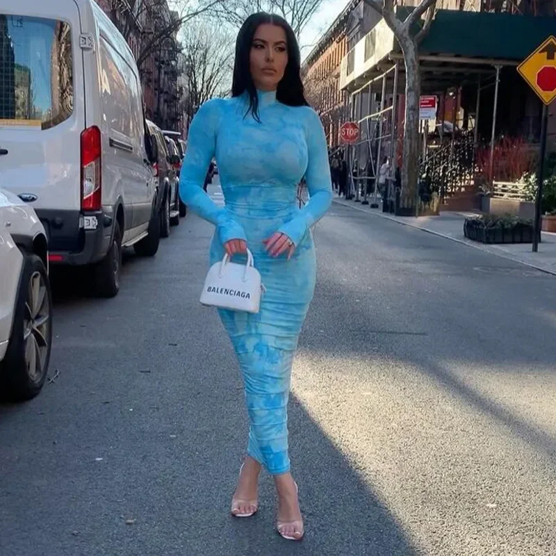 เสื้อยืดแขนยาวจับจีบพิมพ์ลายใหม่สำหรับฤดูใบไม้ผลิ2024แฟชั่นเอวสูงชุดรัดรูปปาร์ตี้คลับ