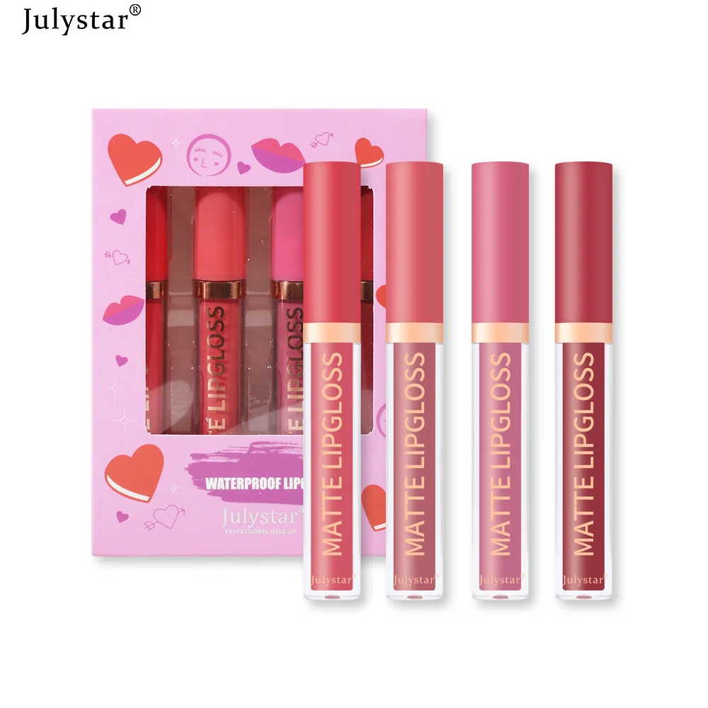 Julystar 4pcs/box Lipstick Set Matte Lip Glaze Multicolor Lip Makeup Women Cosmetic Lasting Non Fading Daily Cosmetics