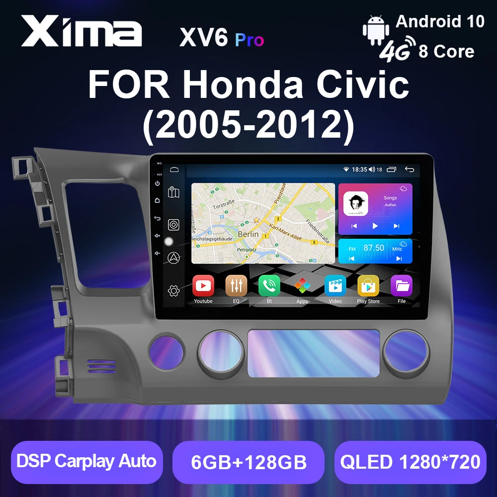 XIMA XV6 Pro 8Core Car Radio Multimedia For Honda Civic 8 2005-2012 4G Android 10 Auto 2 din stereo Carplay GPS Navigation dvd