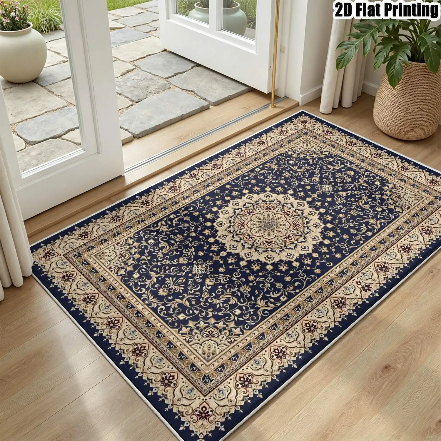 1Pc 2D Printed Velvet Carpet, Dark Blue Retro Floral Geometric, Machine Washable, Multi-Size, for Home Decor & Multi-Scene Use