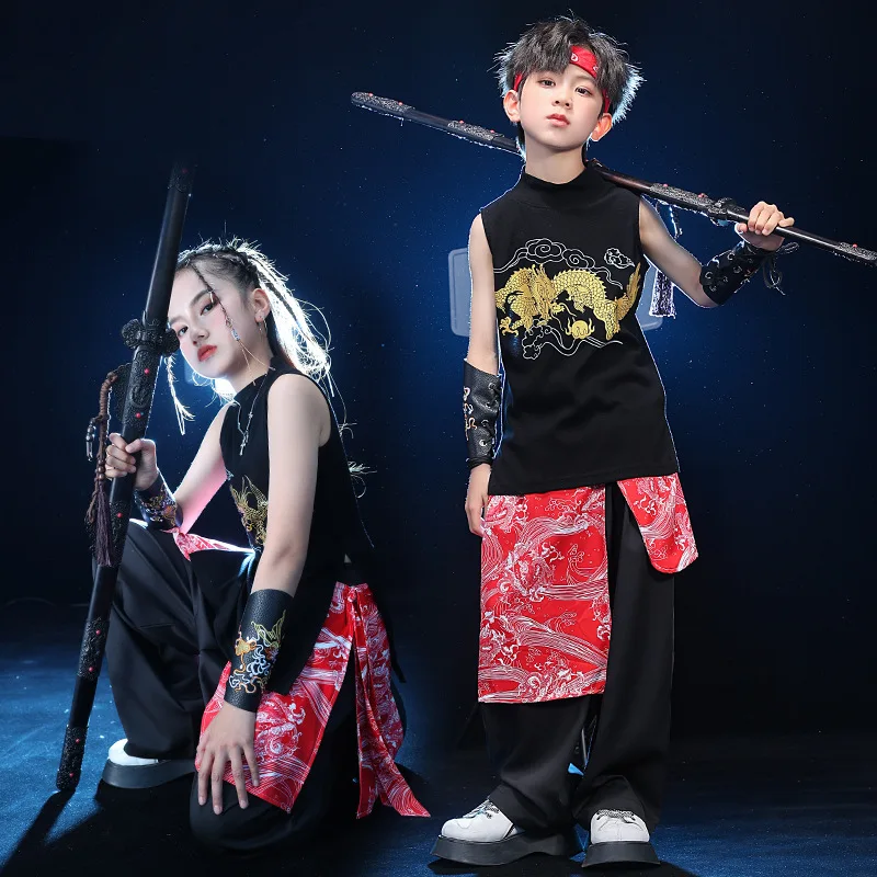 Camiseta sin mangas de Kung fu Tai Chi para niño y niña, Pantalones anchos informales, ropa de Hip Hop, traje de baile de Jazz, color negro tradicional chino