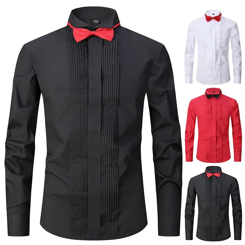 Groomsman Solid Color Single-breasted Shirt Celebrating Body Men's Long-sleeved Solid Color Shirt Swallow Collar Dress