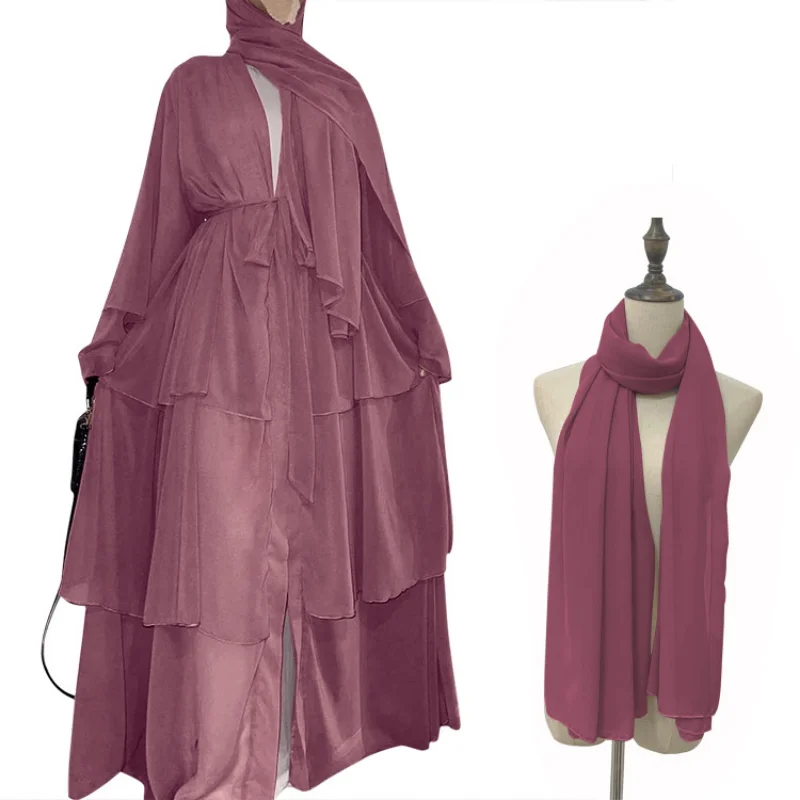 Fashion Stitching Three-layer Chiffon Elegant Cardigan Muslim Dress Solid Color Robe Hijab Tunique Femme Musulman