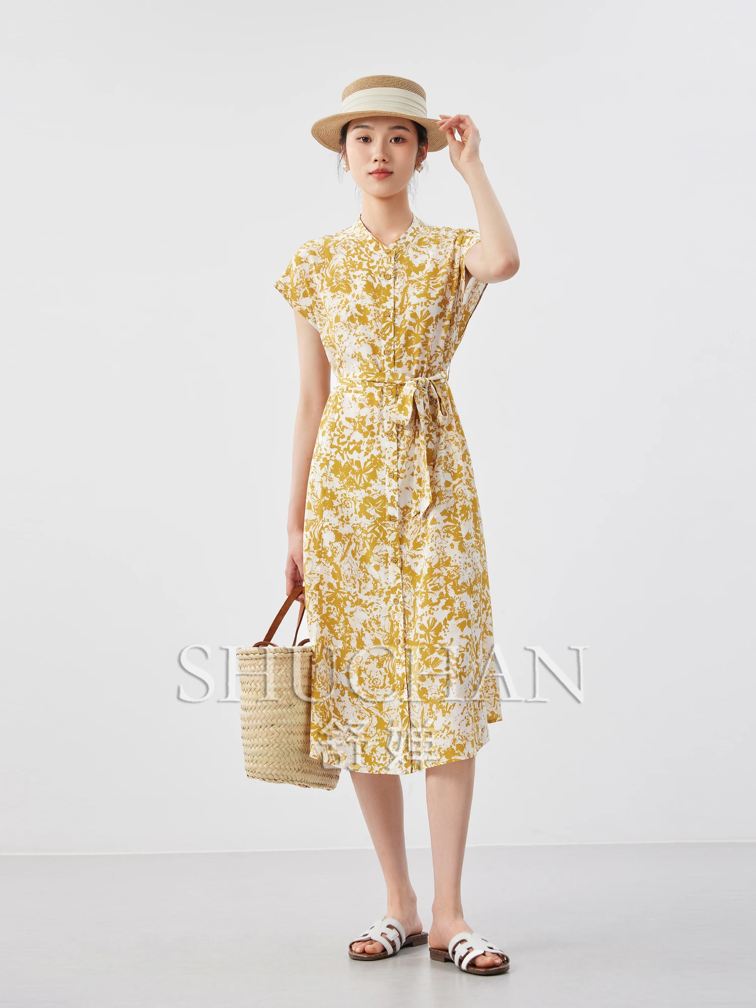 

High Quality Print Crepe De Chine Natural Silk Lace Up Long Dresses for Women 2024 Summer New Vestidos Elegantes Para Mujer