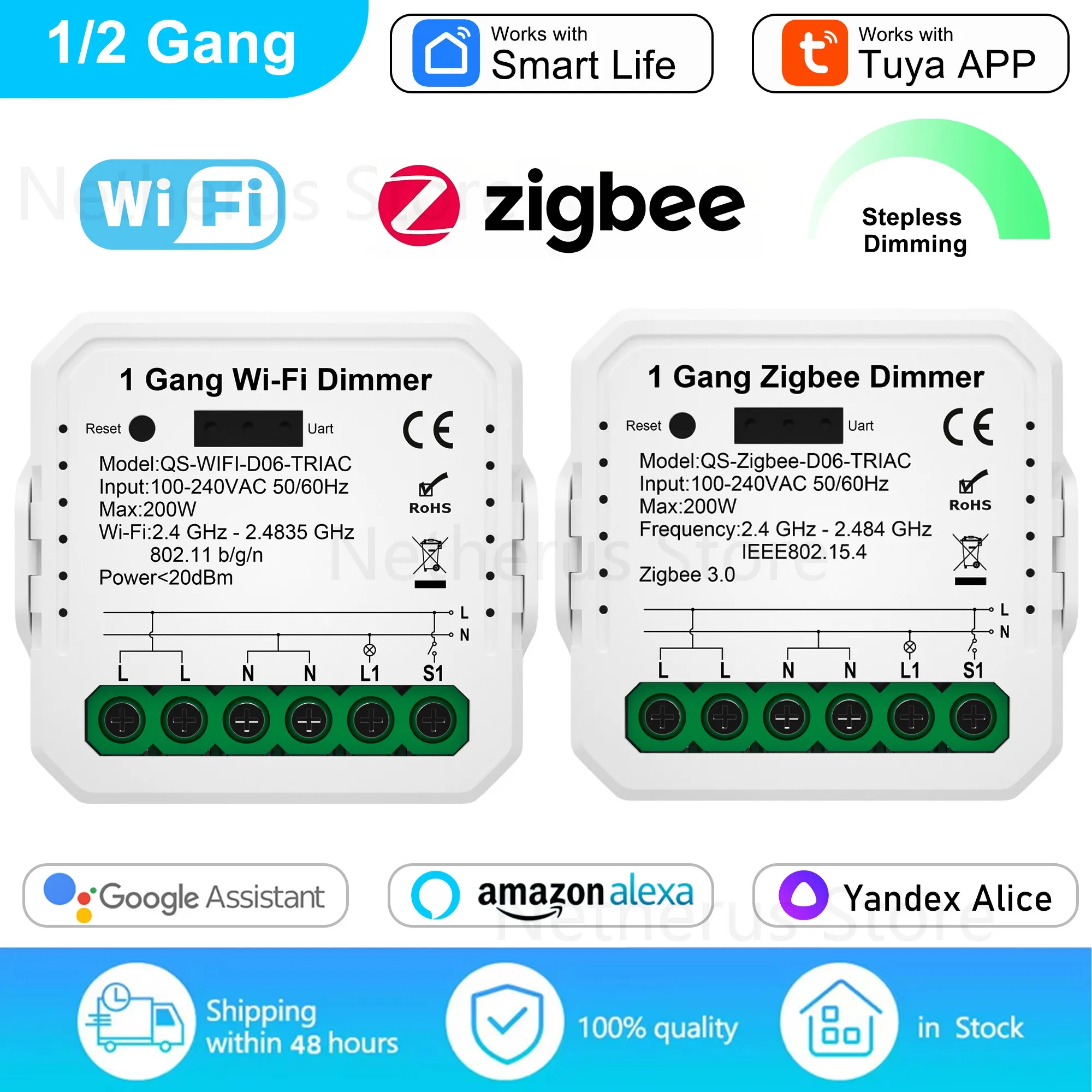 

Tuya WiFi/ZigBee Smart Dimmer Switch Module , Supports 2 Way Control Dimmable Switch, Work with Alexa Alice Google Home