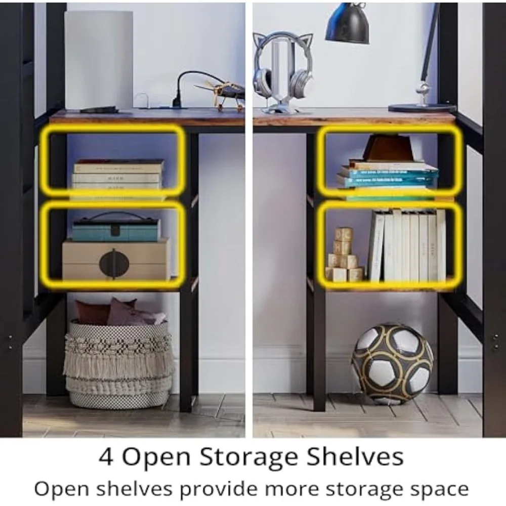 سرير علوي معدني مزدوج الحجم مع مكتب، 4 أرفف تخزين، مخرج طاقة، أضواء LED، وسكة أمان