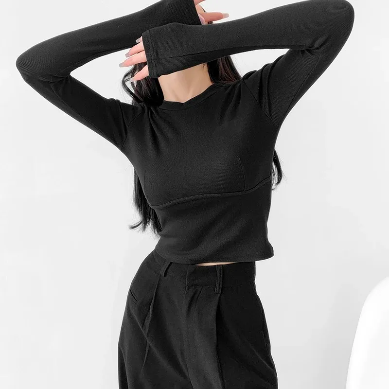 Women's Black Ribbed Long Sleeve Crop Top Thumb Hole Cuffs Crew Neck Slim Fit Casual Tee