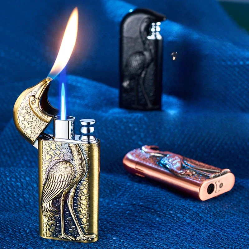 

Metal Red-crowned Crane Embossed Inflatable Lighter Windproof Double Fire Conversion Inflatable Butane Lighter Men's Gift