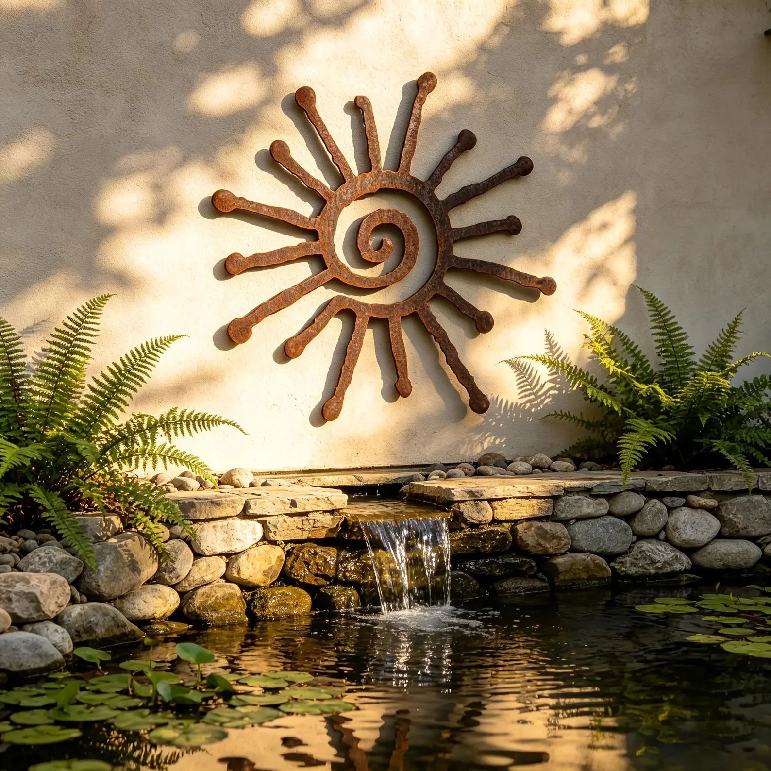 2D Flat Weatherproof Rusty Metal Spiral Sun Wall Hanging Tribal Style Decor Unique Housewarming Gift For Indoor Outdoor Home