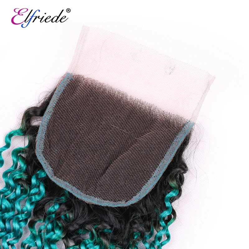 Elfriede #T1B/Light Blue/Blue Kinky Curly Colored 100% Remy Human Hair Bundles with 4X4 Lace Closure Transparent 3 Bundle Deals