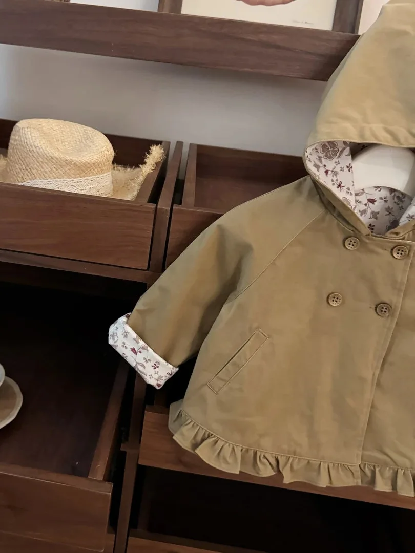 Girls' Autumn Korean Style Hooded Jacket Double Row Button Ruffle Hem Versatile Top 2026 New Short Trendy Outerwear