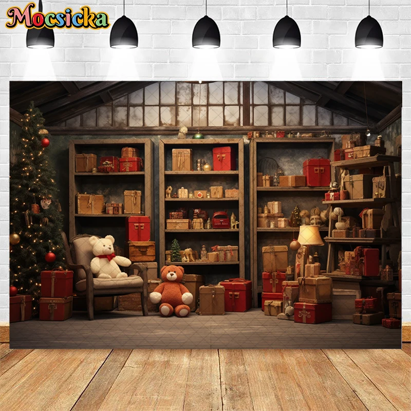 Mocsicka Christmas Warehouse Backdrop For Kids Adult Family Portrait Photography Xmas Tree Toy Bear Decor Studio Photo Props