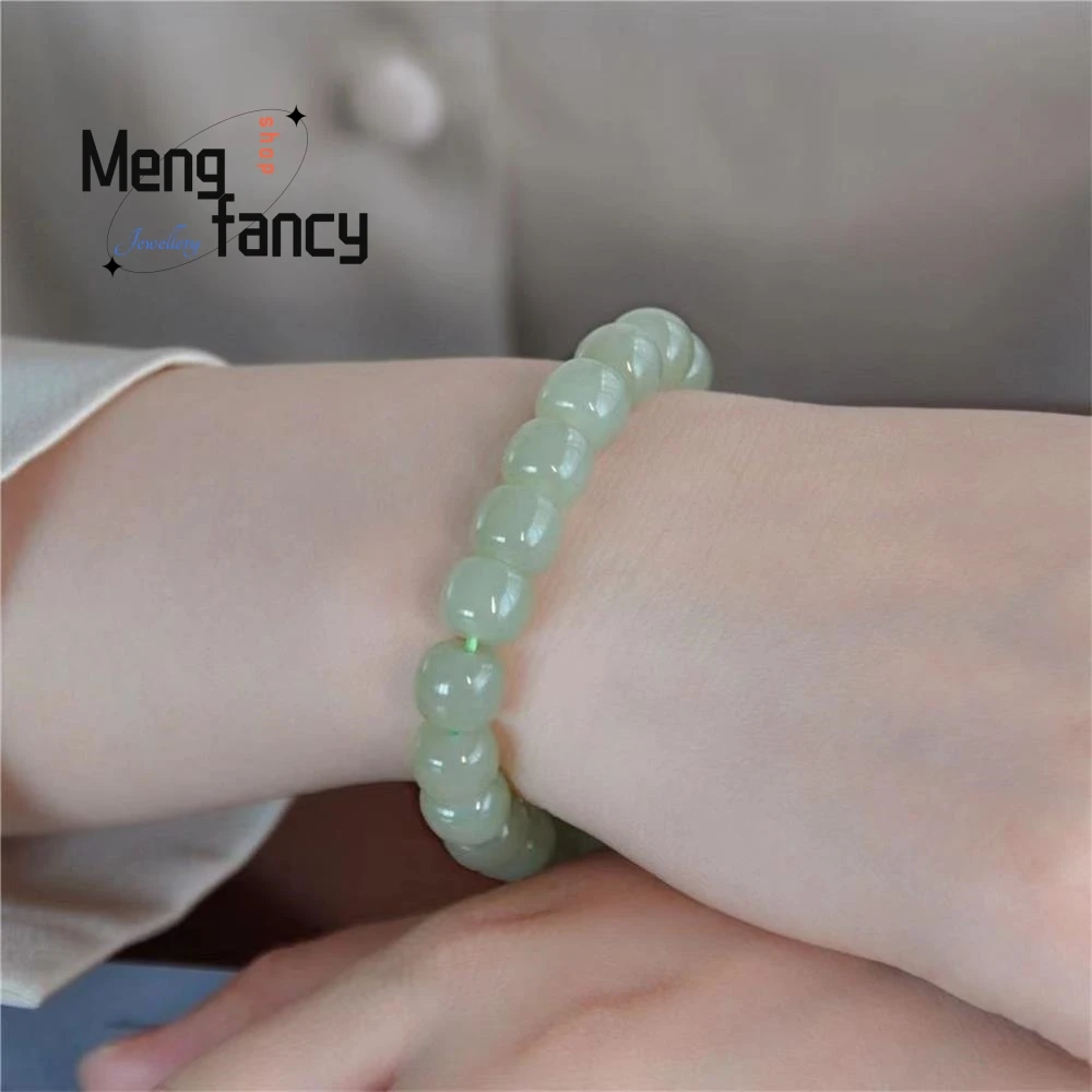 Natural Hetian Verde Jade Buddha Bead String Bracelet, Jóias requintadas, elegante, simples, de alta qualidade, presentes de férias