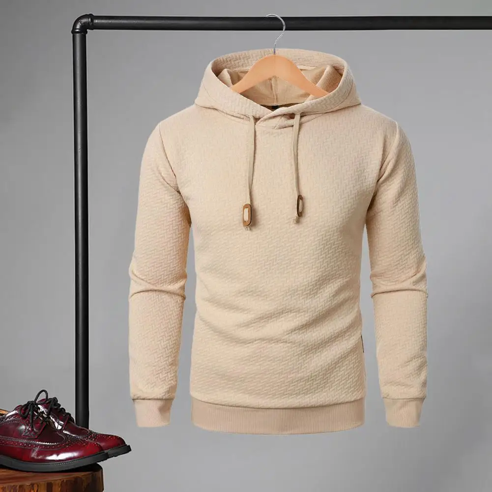 

Men Fall Winter Hoodie Solid Color Drawstring Long Sleeves Jacquard Design Hooded Elastic Cuff And Hem Thin Casual Sport Top