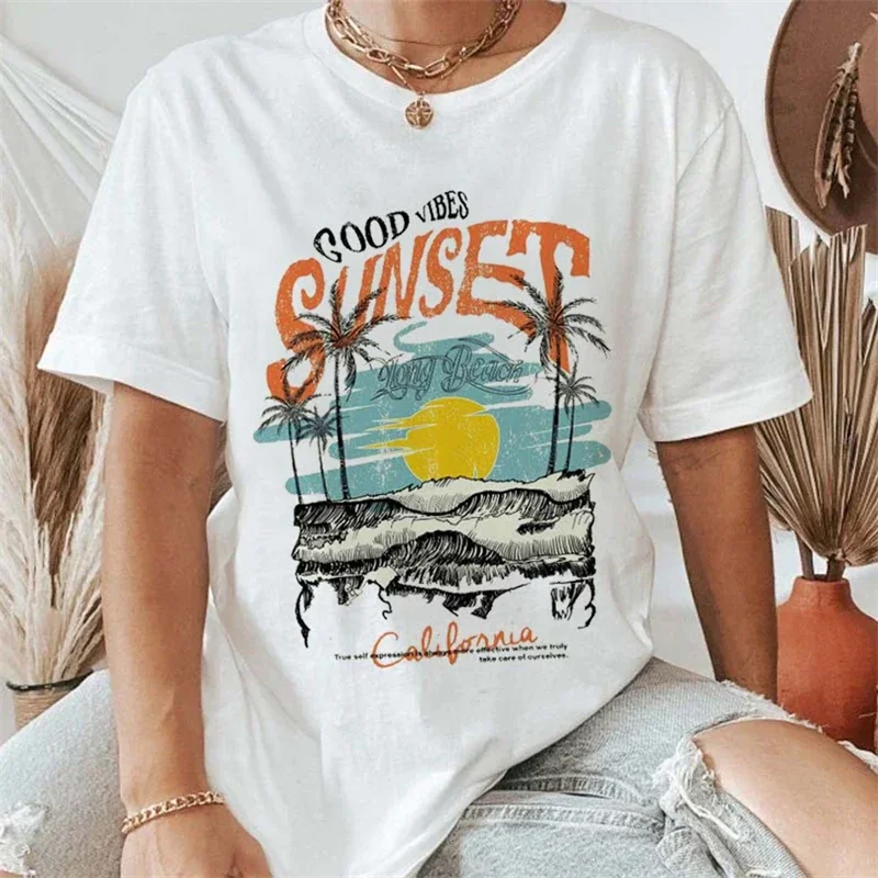 

Clothing Summer Graphics for Waves Sunset Long Beach Printed T-Shirt Casual O-Neck Cartoon 90s Women's Pattern Clothing T-Shirt