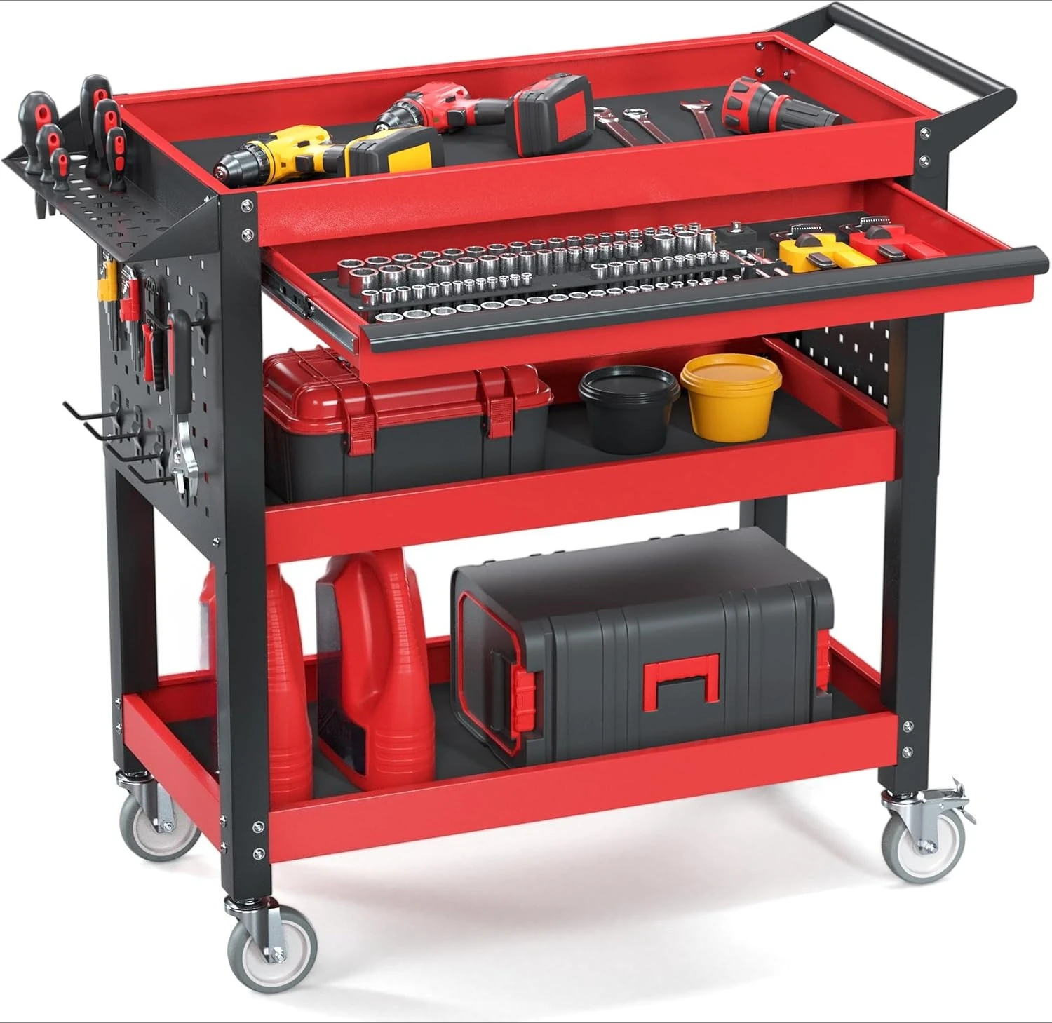 Heavy Duty 3 Tier Metal Rolling Tool Cart 660 LBS Capacity Drawer Side Pegboard 32x16.2x34.6 In 4 Casters 2 Brakes Garage Workshop Warehouse Tool Trolley
