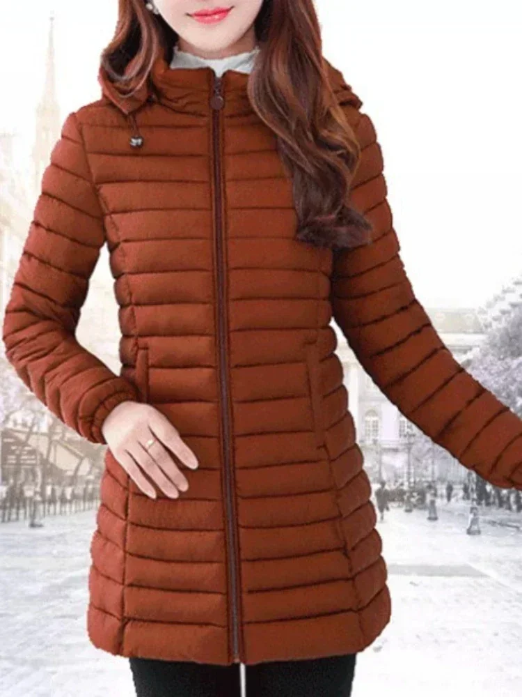 Women\'s Jacket Oversize Lightweight Padded Jacket Winter Women Removable Hood Warm Cotton Clothes Middle Length Slim Warm Parkas