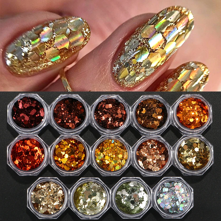 กลิตเตอร์ตกแต่งเล็บ 14 ชิ้น สีแดง ทอง เงิน โฮโลแกรม แบบ 3 มิติ รูปทรงหกเหลี่ยม ประกายวิ้ง แบบเมอร์เมด สำหรับตกแต่งเล็บ