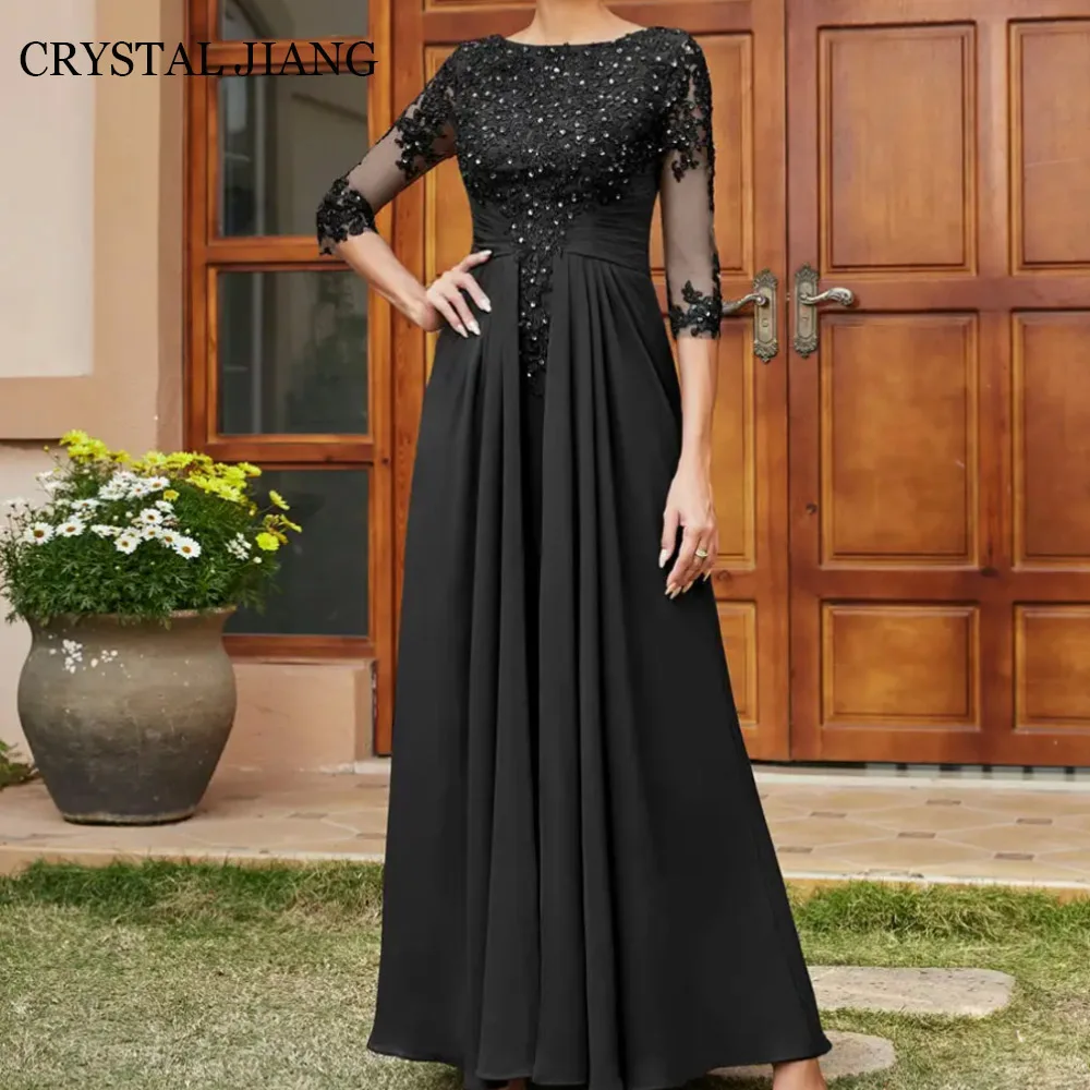 

Classy Long Scoop Neck Chiffon Prom Dresses Half Sleeves with Appliques A Line Floor Length فساتين حفلة موسيقية