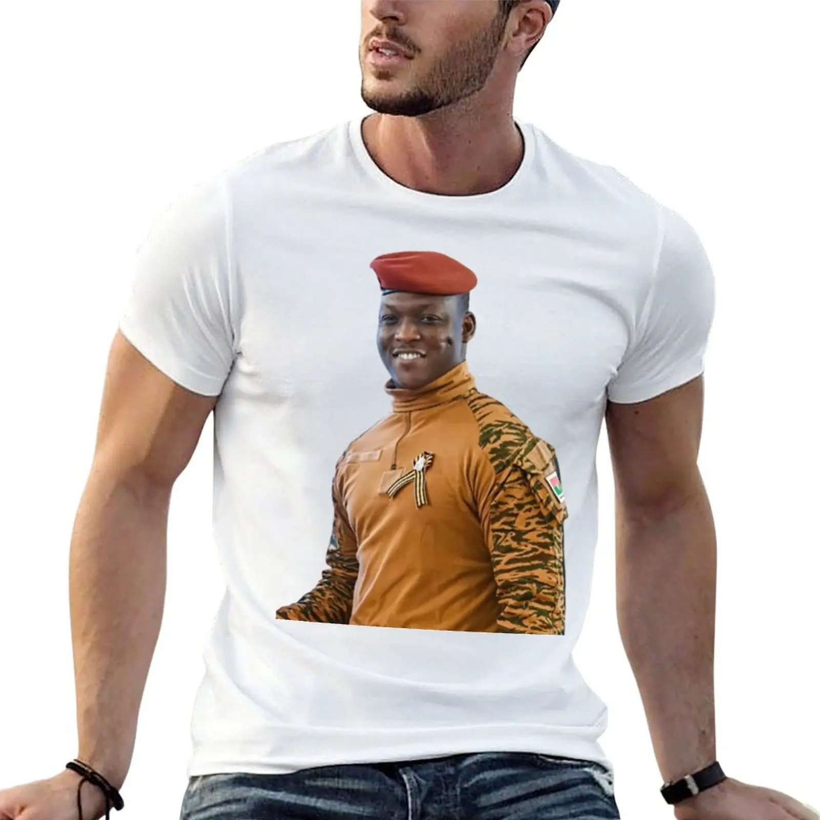 

President Ibrahim Traoré – Smiling Portrait in military uniform and red beret T-Shirt cotton t shirt man T-Shirt