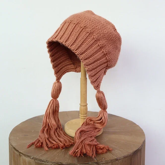 Autumn Winter Ear Protection Hat Women\'s Warm Knitting Baotou Tassels Girl Outdoor Cute Hat Korean Japanese Students Blue
