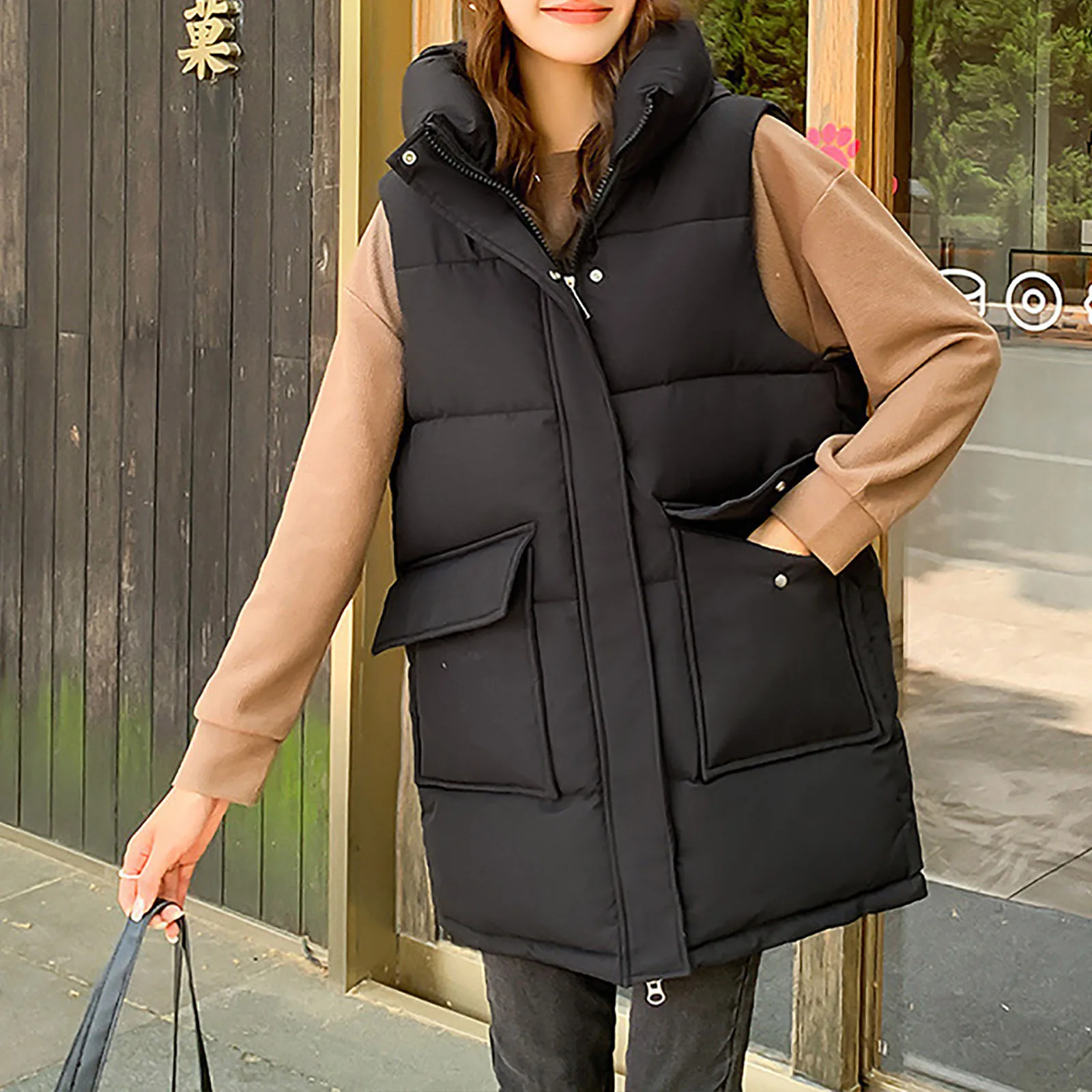 Autumn Winter Women Solid Down Cotton Vests Jacket Medium-length Coat Casual Loose Sleeveless Waistcoat Outwear With Pocekts