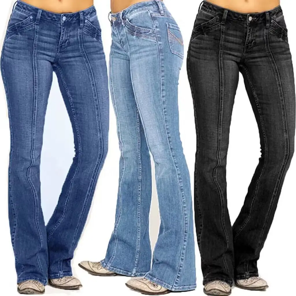 European American Women Low Waist Ripped Flared Jeans Slim Fit Fashion Casual Stretch Denim Long Pants