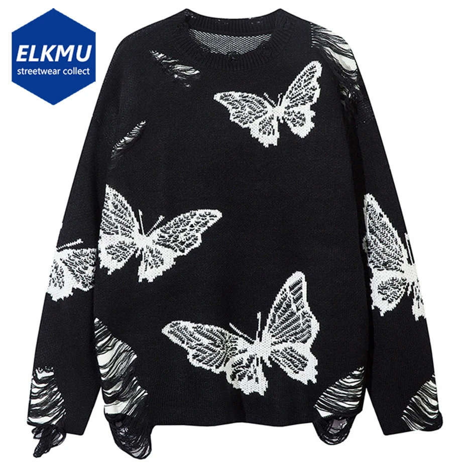 

Broken Butterfly Men Sweaters 2024 Streetwear Harajuku Oversized Hip Hop Punk Sweaters Knitted Pullover Jumper Unisex Black Gray