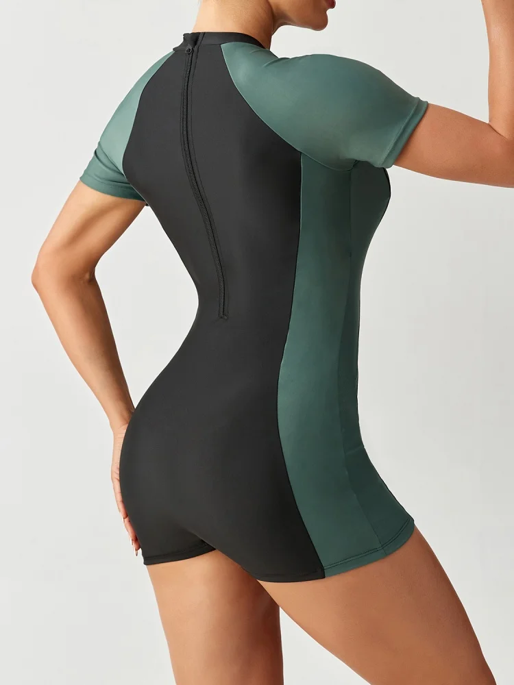 قطعة واحدة ملابس السباحة النسائية 2026 الجديدة الصلبة خطابات قصيرة الأكمام مثير ارتداءها ملابس الصيف الملاكمين بحر ثوب السباحة الإناث #3