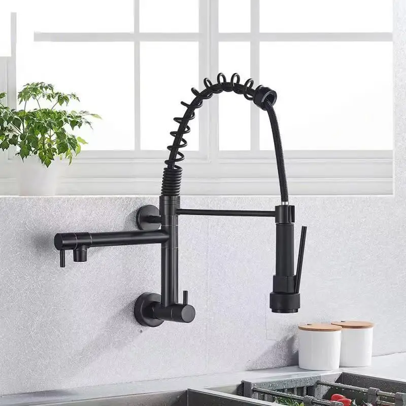 American style wall mounted spring faucet universal rotating kitchen multifunctional dual outlet pull-out faucet