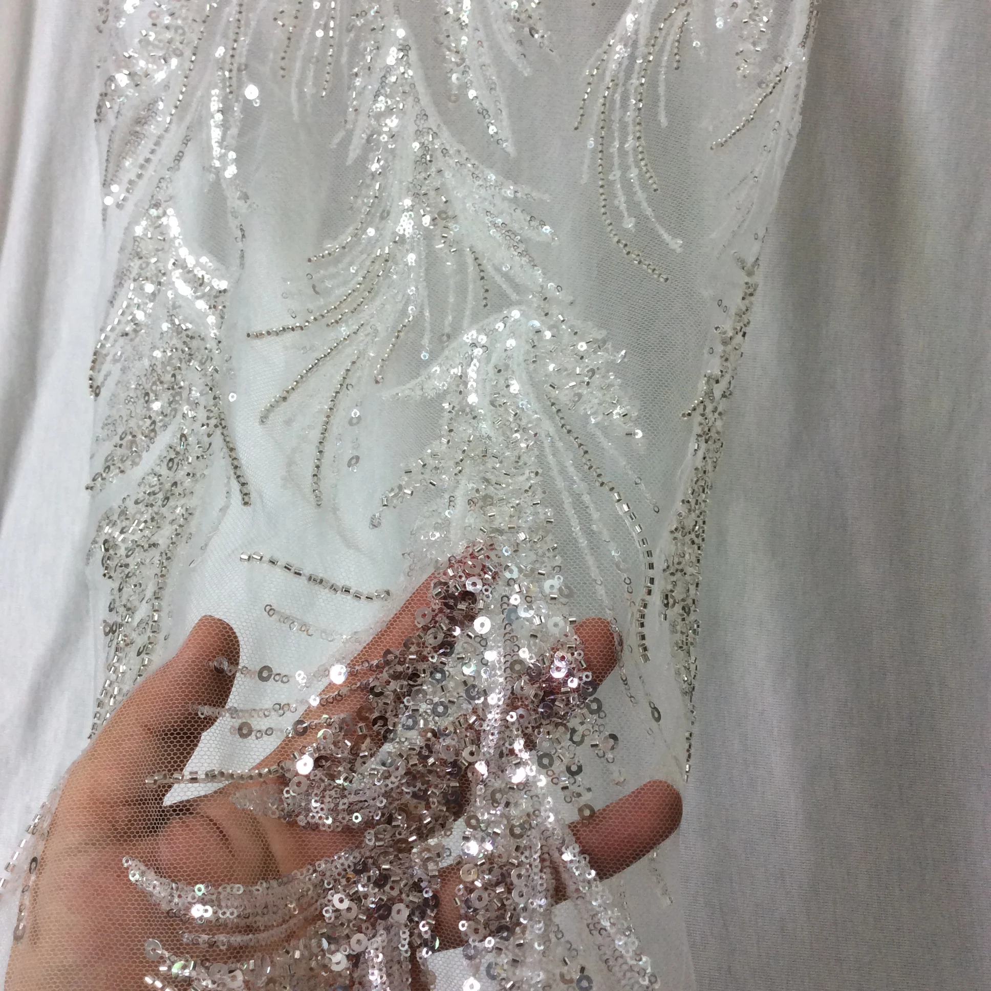 30x130cm Long Lace Patches Wedding Dress Decor Silvery Sequins Dress Applique