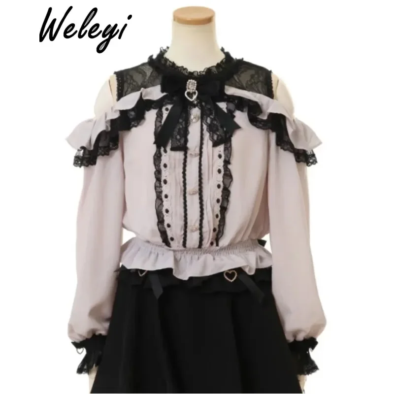 

Jirai Kei Sweet Bow Shirt Female 2024 Spring and Autumn Japanese Style Mine Cute Women's Lace Off The Shoulder Ruffled Blouse