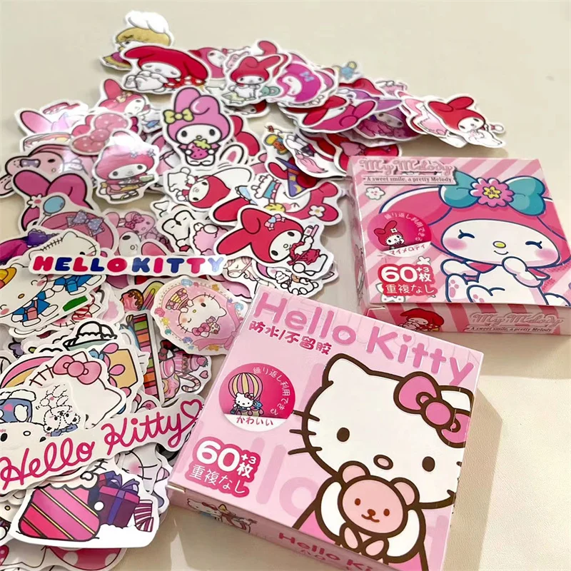 

63 шт. Sanrio аниме «Hello Kitty Melody Kuromi», детские наклейки с граффити для справочника, милые наклейки на чемодан для ноутбука, подарки на день рождения для детей