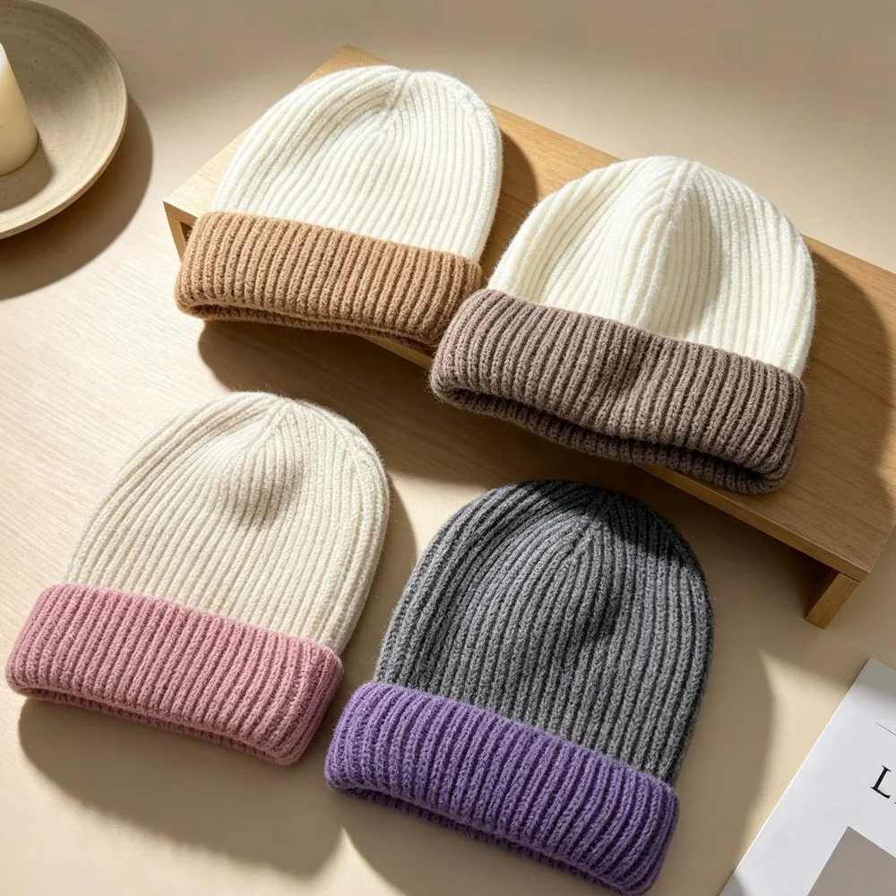 Fashion Splicing Colors Knitted Beanies Cap Cashmere Thickened Hooded Hat Warm Breathable Ski Beanies Hat Unisex