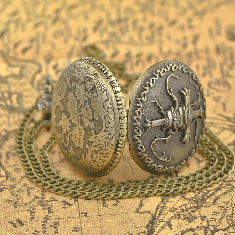 Reloj de bolsillo de cuarzo cruzado grande para estudiantes, accesorio Vintage de bronce, con relieve de concha de almeja, encaje, Rosa esmerilada, envuelto en vid