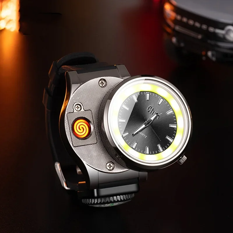 2024 Creative Multi functional Watch with Compass Tungsten Cigarette Lighter COB Lighting Windproof Watch Gift Best Choice